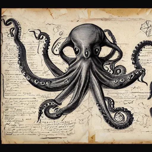 Image similar to necronomicon sketch of an ancient octopus monster, faded parchment, descriptions, aged, highly detailed, 8 k,