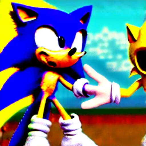 Image similar to Hololive's Unigami Korone meeting Sonic the Hedgehog, HDR, 3D, 4k, 8k