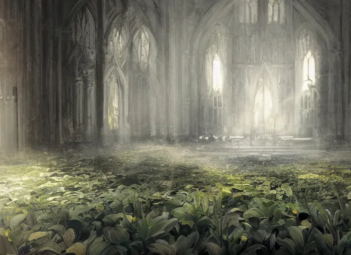 Prompt: clean neat clarity professional visual development set design, large gothic hall, sparse plants, dim painterly lighting volumetric aquatics, impasto, trending on pixiv