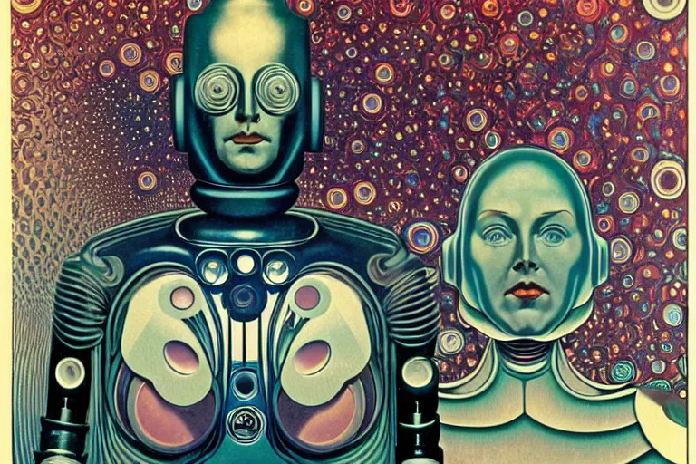 Prompt: 1 9 6 9 hippy robot, large metal mustache, muted colors, benevolent, starry nebula background, glowing eyes, detailed realistic surreal retro robot in full regal attire. face portrait. art nouveau, visionary, baroque, giant fractal details. vertical symmetry by rene magritte, alphonse mucha. highly detailed, realistic