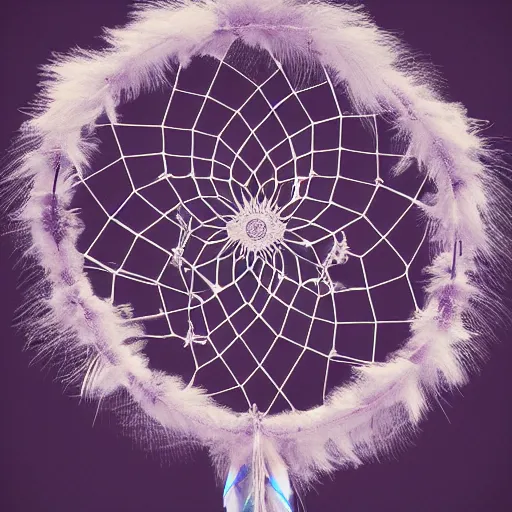 Image similar to a beautiful and intricate dreamcatcher made from bone and gnarled wood and blue and purple feathers, twisting, twirling, loops, hexagonal shapes, concept art, highly detailed, realistic, ornate, fine detail, 4k, octane render, vray, unreal engine