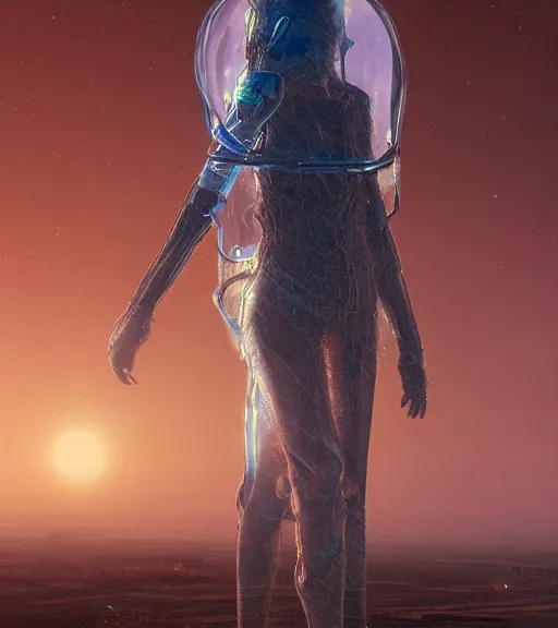 Image similar to tarkovsky greatest scene, tower of babylon destroyed, ethereal, ancient, majestic woman in a futuristic cyber clothing, transparent puffer jacket, hyperrealistic, blockchain, cyber world, ambient lighting, concept art, intricate sky, hyper - detailed, smooth, dynamic volumetric lighting, octane, ray tracing, cinematic, high quality, cgsociety