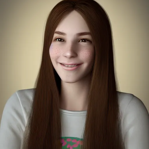 Image similar to Render of April, a cute 3D young woman, long shiny bronze brown hair, full round face, green eyes, medium skin tone, light cute freckles, light blush, smiling softly, wearing casual clothing, interior lighting, cozy living room background, medium shot, mid-shot, hyperdetailed, hyperreal, trending on Artstation, Unreal Engine, 4k