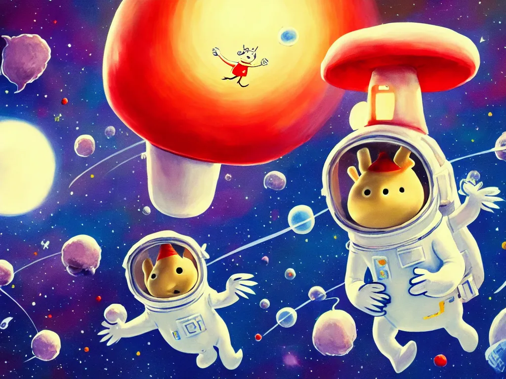 Image similar to moomins in space suits flying around with jetpacks discovering the mushroom planet, looking cute, photorealistic painting, movie still, warm colors, fluffy, cozy, low light, trending on artstation