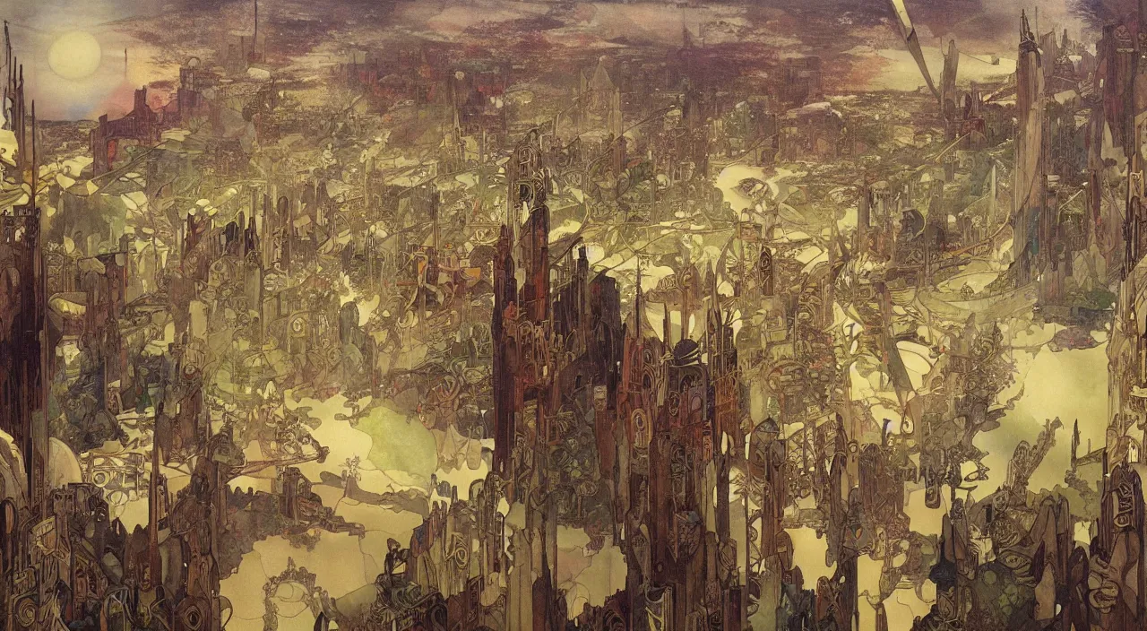 Prompt: A beautiful landscape painting of dystopian london by Alfons Maria Mucha and Yoshitaka Amano and richard dadd