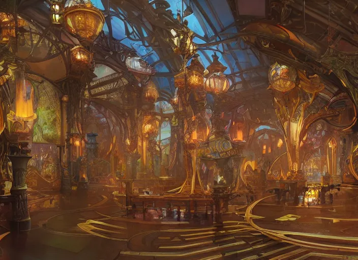 Image similar to arcane themepark interior designed by todd white, rendered by artgerm and greg rutkowski and alphonse mucha