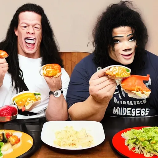 Image similar to obese john cena and michael jackson eating mukbang