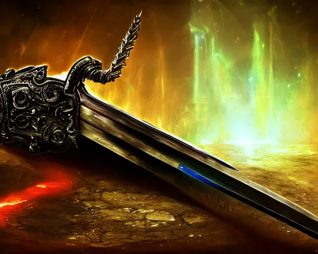 Prompt: legendary cybernetic full long sharp sword lying flat on a glowing table with a black and iridescent sword blade, digital award winning hd matte painting, intimate dark moody, intricate, ornate spikes, colorful gems on hilt, detailed realistic raytraced blade, future golden technological pommel, deviantart