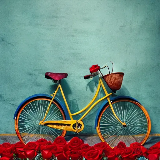 Prompt: a beautiful stunning fantasy digital matte painting of a vintage yellow Schwinn bicycle with a basket of red roses on the front propped up against a blue wall, docu-style photography painted in the style of Grzegorz greg rutkowski, nostalgic heart-warming, trending on artstation hq