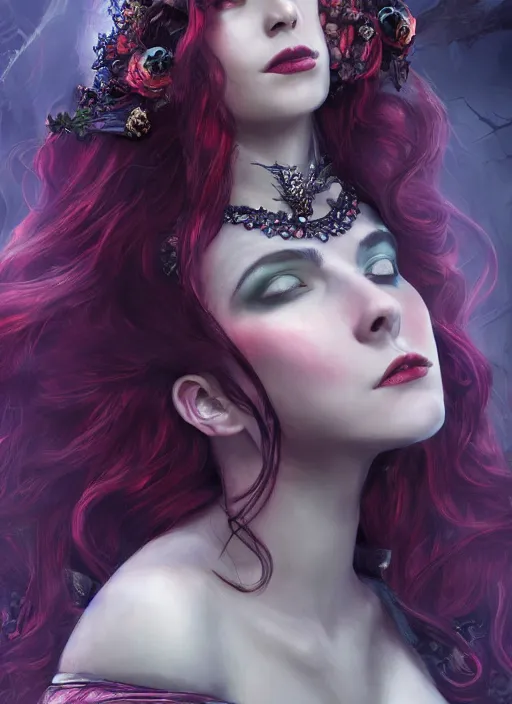 Image similar to mysterious beautiful Victorian vampire princess with long hair and a jeweled crown, fantasy, medieval, vivid colors, fantasy, elegant, concept art, sharp focus, beautiful face!!, digital art, Hyper-realistic, 4K, Unreal Engine, Highly Detailed, HD, Dramatic Lighting by Brom, trending on Artstation