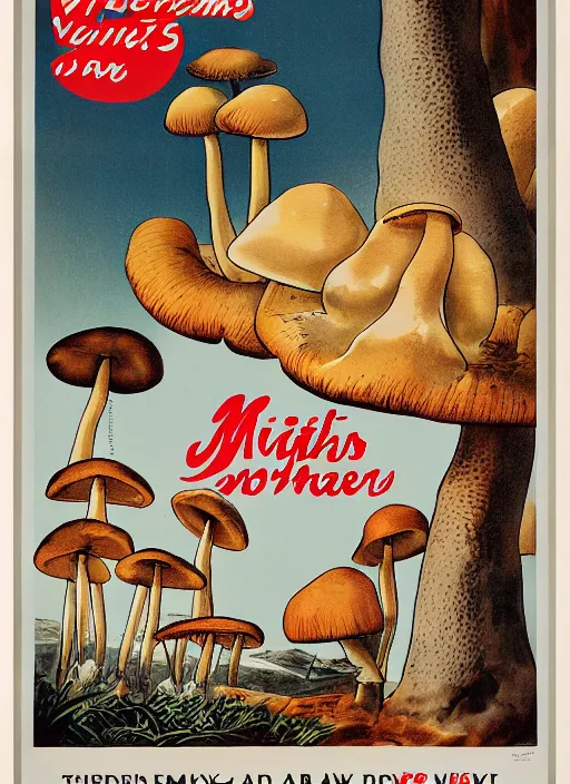 Image similar to a vintage poster of mushrooms