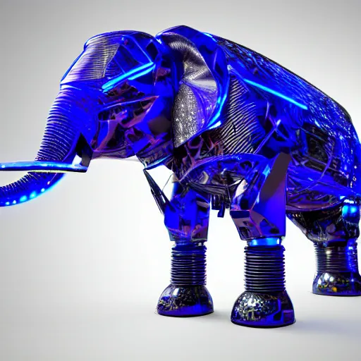 Image similar to hyper realistic cybertronic elephant. high details of body and face. complex realistic mechanical body. blue led. cyberpunk style, intricate, trending on art station, 8 k render.