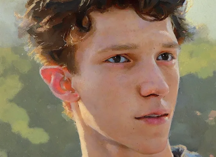 Prompt: a highly detailed beautiful portrait of tom holland, by gregory manchess, james gurney, james jean