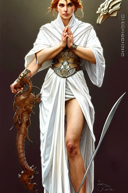 Image similar to portrait of strong caracal wearing white toga. smooth silver armour, deep focus d & d, by artgerm and greg rutkowski and alphonse mucha