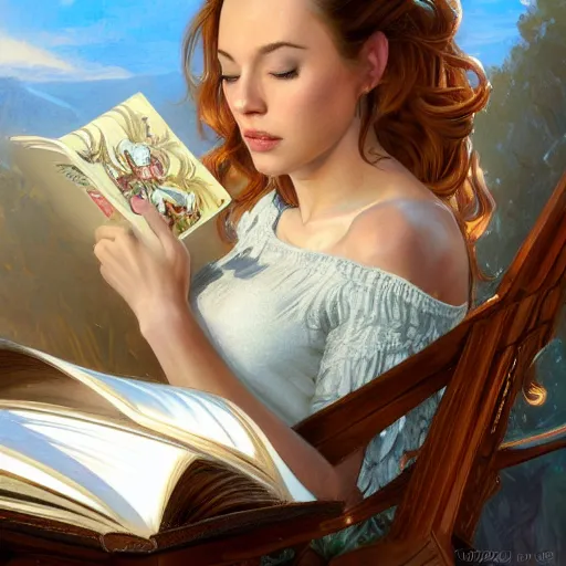 Image similar to a beatiful girl reading book, hair flowing down, detailed, centered, digital painting, artstation, concept art, donato giancola, Joseph Christian Leyendecker, WLOP, Boris Vallejo, Breathtaking, 8k resolution, extremely detailed, beautiful, establishing shot, artistic, hyperrealistic, beautiful face, octane render, cinematic lighting, dramatic lighting, masterpiece