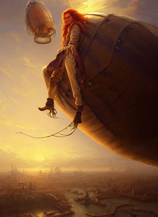 Prompt: portrait painting of a handsome face rugged long hair crimson hair male pirate, top half portrait soft hair steampunk ornate zeppelin blimp airship in the background sky sunset golden hour fantasy soft hair trending on artstation deviantart book cover art dramatic volumetric lighting art by stephan martiniere wlop greg rutkowski gaston bussiere