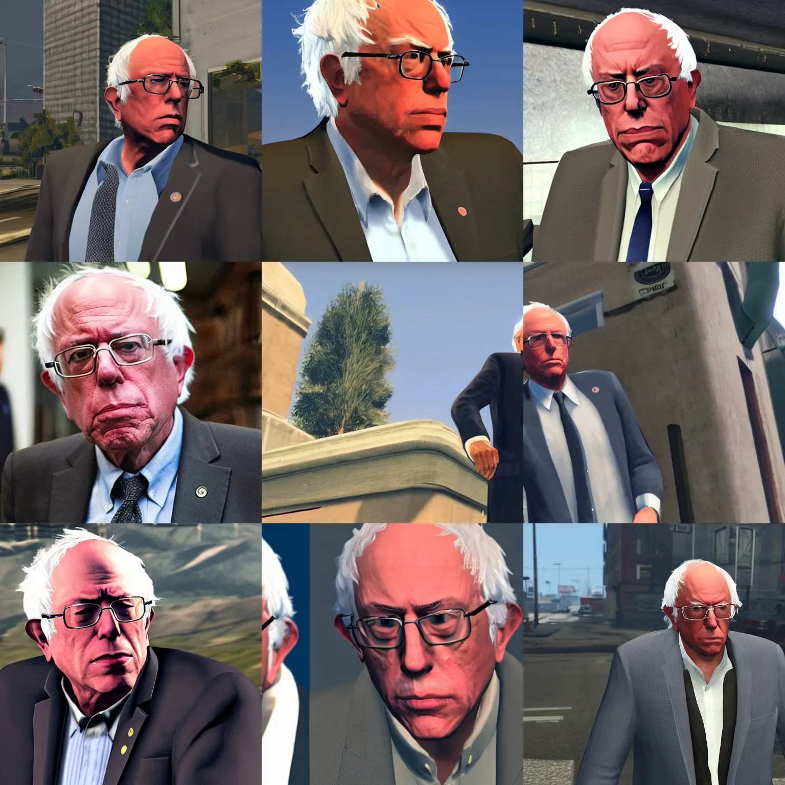 Prompt: bernie sanders in damaged suit, frowning, as the protagonist of gta 5