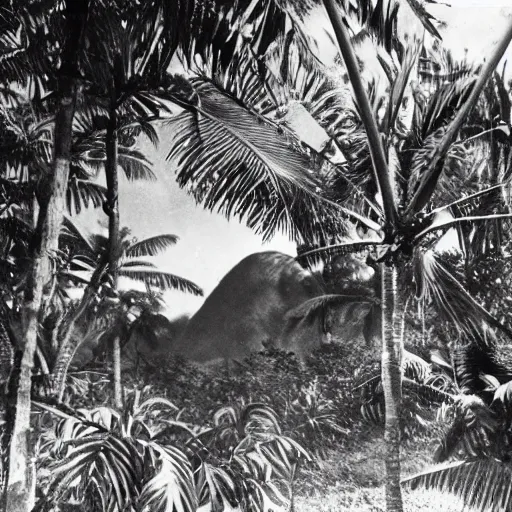 Image similar to a rizom lost film footage of a 3 d volume in the middle of the tropical jungle / tropicalism / tropicalism / tropicalism / film still / cinematic / enhanced / 1 9 2 0 s / black and white / grain