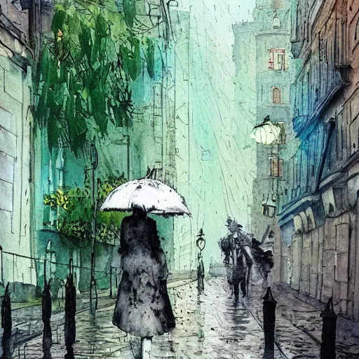 Prompt: pen and paper with watercolor matte art painting of a beautiful green park in the middle of a modern old town city by banksy, carne griffiths and monet. Street photography. rainy day.