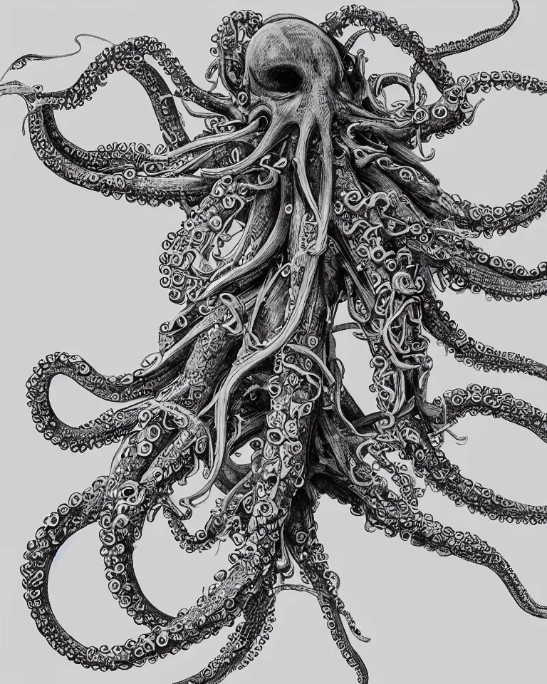 Image similar to a detailed scientific anatomical illustration of an alien cybernetic octopus made of eurorack synthesizers