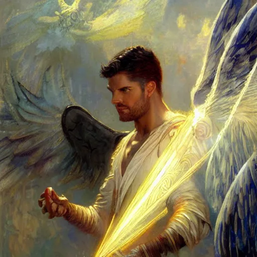 Image similar to attractive male deity casts light spell, summons attractive male lucifer morningstar. highly detailed painting by gaston bussiere, craig mullins, j. c. leyendecker 8 k