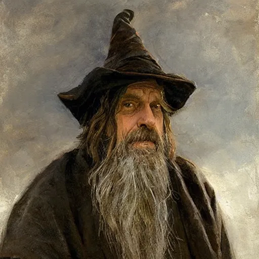 Image similar to Solomon Joseph Solomon and Richard Schmid and Jeremy Lipking victorian genre painting portrait painting of a old rugged actor wizard wearing a wizard hat and robe from the hobbit , red background