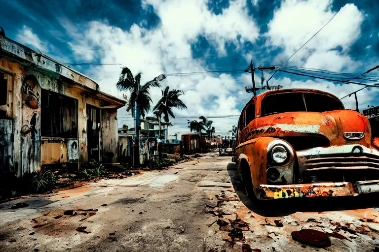 Image similar to low wide angle shot of dilapidated fallout 5 miami, tropical coastal city, desolate, dilapidated neon signs, just a rusted retro futuristic vintage parked vehicles like cars, buses, trucks, trams, sunny weather, few clouds, volumetric lighting, photorealistic, daytime, spring, sharp focus, ultra detailed, technicolour 1