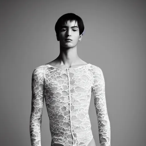Prompt: a portrait of a beautiful young male wearing an alexander mcqueen bodysuit made of ombre lace , photographed by andrew thomas huang, artistic