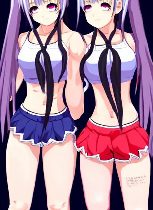 Image similar to two beautiful female fighters with twintails taunting each other, high waist shorts, white top, dim lighting, gorgeous features, smooth, detailed anime art