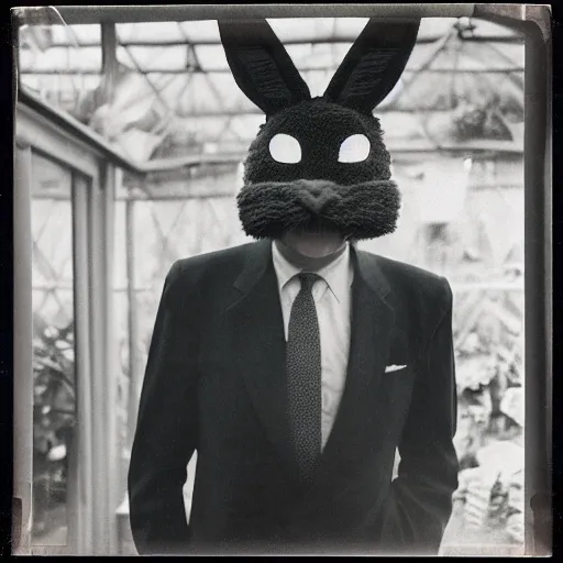 Image similar to grainy head to shoulder portrait Polaroid film photograph of a 1950's man wearing a rabbit mask in a tropical greenhouse. looking at the camera!!. super resolution. Extremely detailed. Polaroid 600 film. by Annie Leibovitz and Richard Avedon