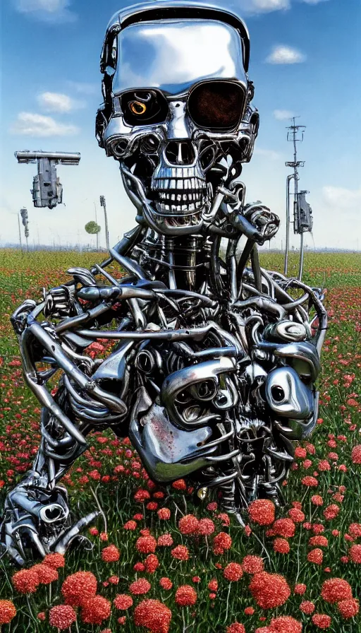 Image similar to destroyed terminator lying in a field of flowers, twisted metal, chrome, reflections, anthropomorphic, photorealism, smoke, metal, 8 k, surreal, wires, smooth, sharp focus, top view, extremely detailed, hyperrealism, elegant, establishing shot, by jeff koons, artgerm and greg rutkowski