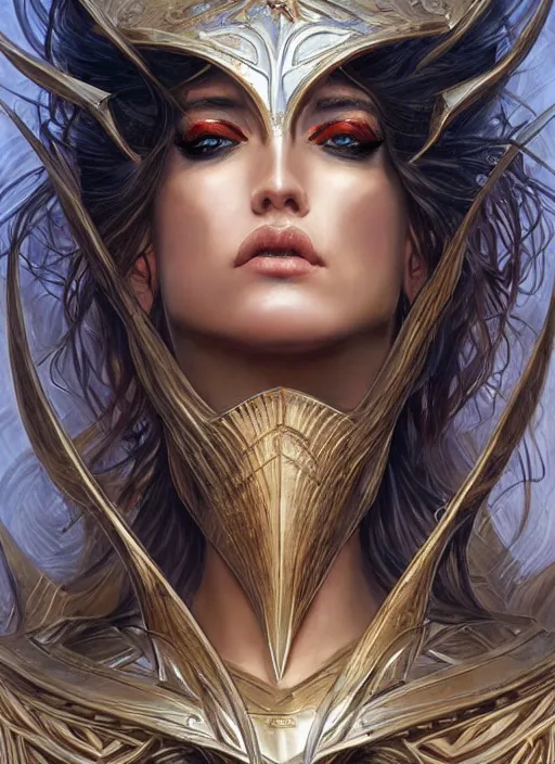 Prompt: a highly detailed symmetrical painting of a female model fantasy amazon with piercing beautiful eyes, trending art by artgerm and karol bak and mark brooks and donato giancola and bayard wu and gustav moreau and wayne barlowe