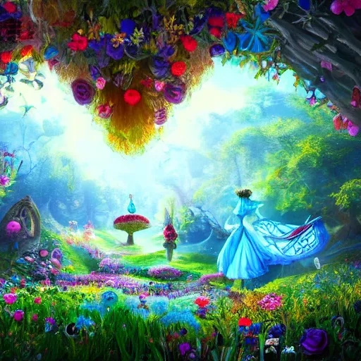 Prompt: alice in wonderland type of scenery. Vivid clolors. Computer art. Artstation. High resolution. 4k. - h 1200