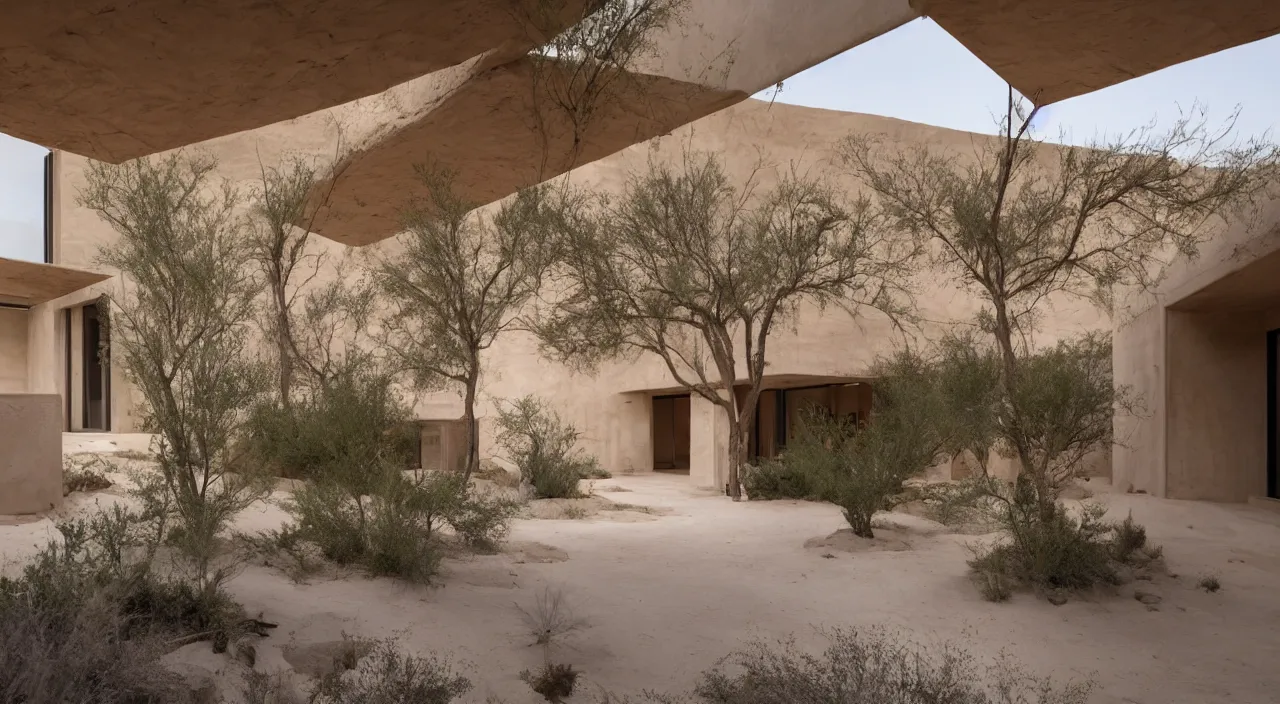 Image similar to desert house made from rammed earth and weathered steel, courtyard with cactus and palo verde trees, photorealistic, detailed, cinematic lighting