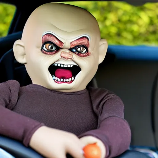 Prompt: middle aged screaming chucky doll driving to work in a minivan and stuck in gridlock traffic