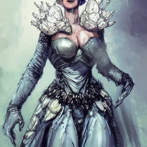 Image similar to mister freeze as an attractive young smiling woman wearing a mushroom crown and heavy armoured wedding dress, face portrait, hd shot, digital portrait, beautiful, fantasy art, artstation, comic style, by artgerm, guy denning, jakub rozalski, magali villeneuve and charlie bowater