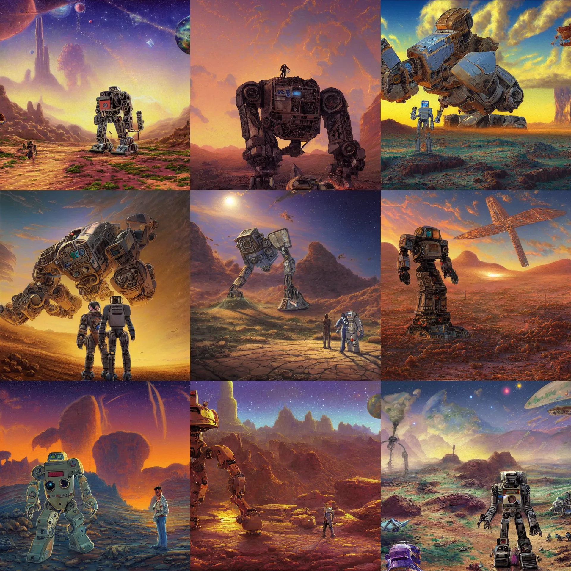 Prompt: next to the wreckage of a destroyed giant humanoid robot on a remote desert planet, from a space themed point and click 2 d graphic adventure game, art inspired by thomas kinkade