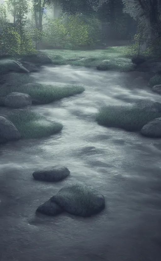 Image similar to river, soft render, volumetric lighting, 3d grainy surreal aesthetic illustration