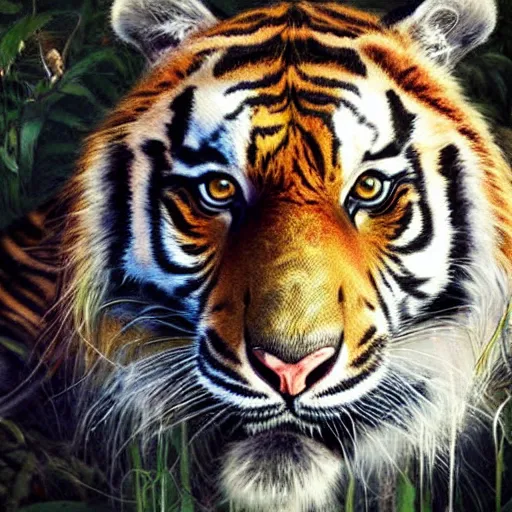 Prompt: a beatiful painting of portrait, A tiger, junglepunk, by Mizuri AU and Soufiane Idrassi and BONDARTS and Tomasz Alen Kopera and Klaus Wittmann and Deathburger and Daniel Romanovsky and Aku, trending on artststion