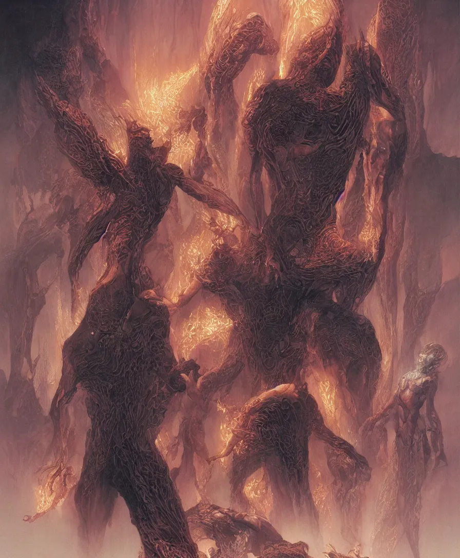 Image similar to the discovery of fire by Wayne Barlowe and Yoan Lossel