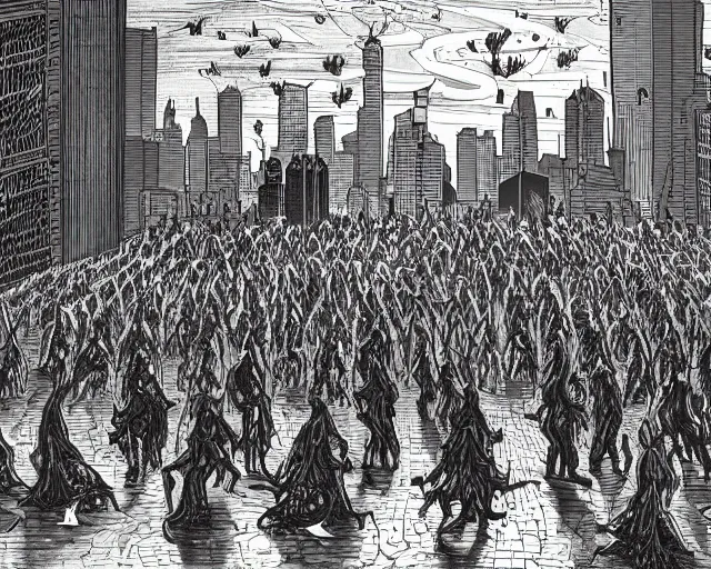 Image similar to a swarm of demons in the city. there is peace.