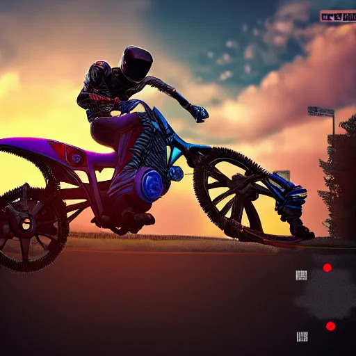 Image similar to a cyberpunk motocross cycle, sunset, 8 k, trending on artstation, exciting, action shot, total shot