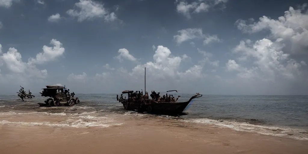 Prompt: sri lankan mad max style, ocean, driving a boat, film still, epic shot cinematography, rule of thirds
