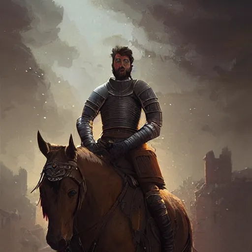 Prompt: Portrait of a middle aged knight with sideburns, no beard, detailed face, fantasy, highly detailed, cinematic lighting, digital art painting by greg rutkowski