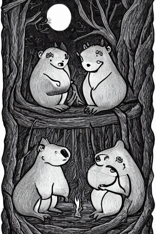 Image similar to an illustration of two evil beavers sitting next to a campfire in a dark forest at night, epid, digital drawing, vector art, beautiful, highly detailed