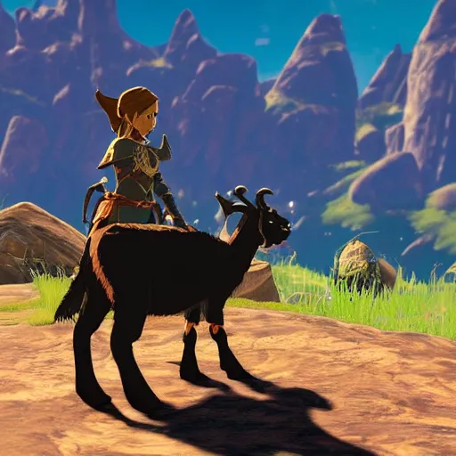 Prompt: a humanoid black goat wizard in breath of the wild, screenshot, sharp, uhd 4 k