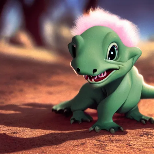 Prompt: cinematic still of a baby dinosaur by Don Bluth, 8k, promotional material