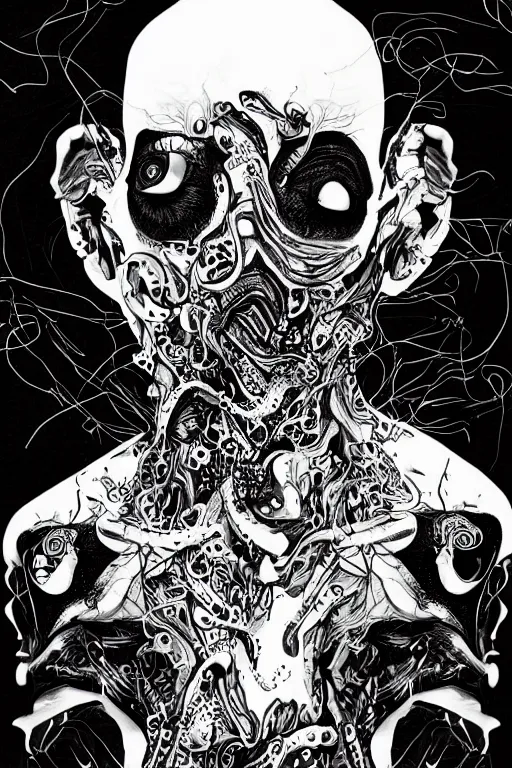 Image similar to black and white illustration, creative design, body horror, monster