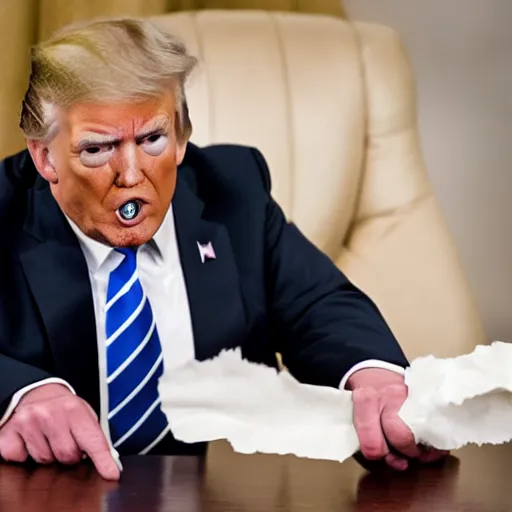 Image similar to candid portrait photo of president trump stuffing crumpled paper into his mouth wads, 2 4 mm lens