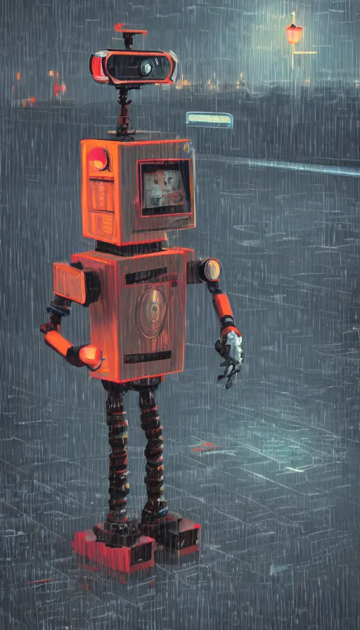 Prompt: videogame cabinet robot asking for coins in the rain, sharp focus, james gilleard, cinematic, game art, extremely detailed digital painting, print